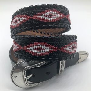 ONG18 BOHO SOUTHWEST BEADED LEATHER BELT Blk Red